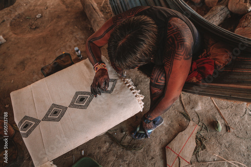Indian painting cloth with the geometrical tribal art of the Asurini tribe of Baixo Amazonas in Brazil. Amazon, 2010.