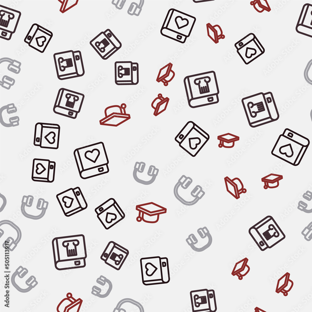 Set line Romance book, History, Headphones and Graduation cap on seamless pattern. Vector Set line Romance book, History, Headphones and Graduation cap on seamless pattern. Vector