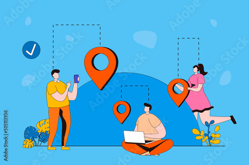 Geolocation web concept in flat 2d design. Men and women using GPS navigation with pin location in apps for smartphone or laptop, search destination and distance. Vector illustration with people scene
