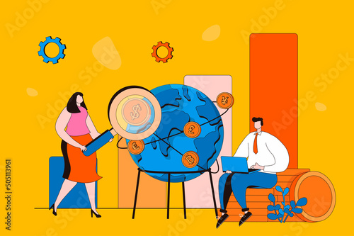 Global economic web concept in flat 2d design. Men and women researching market trends, making economic analysis, developing international business and investing. Vector illustration with people scene