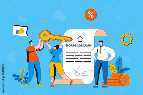 Real estate web concept in flat 2d design. Family receives mortgage loan and buys new house, signing contract with realtor and receiving keys to home property. Vector illustration with people scene