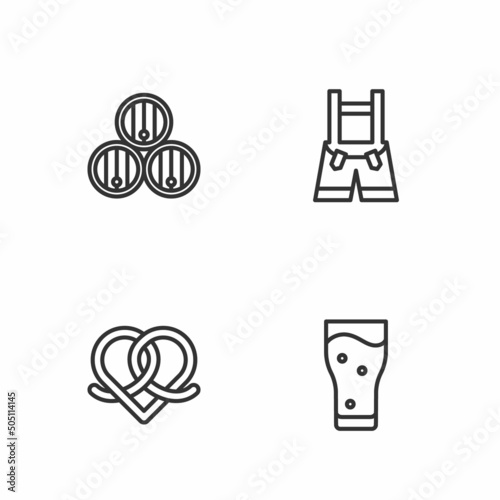 Set line Glass of beer, Pretzel, Wooden barrel and Lederhosen icon. Vector