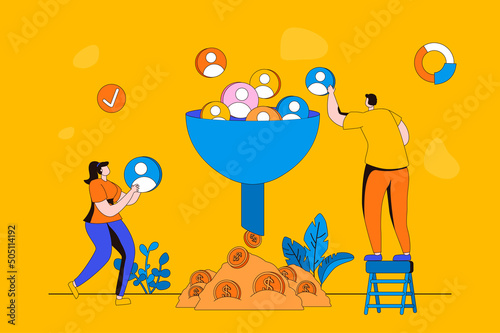 Sale funnel web concept in flat 2d design. Man and woman attract new customers and convert into purchases and sales. Marketing tool for commerce and business. Vector illustration with people scene