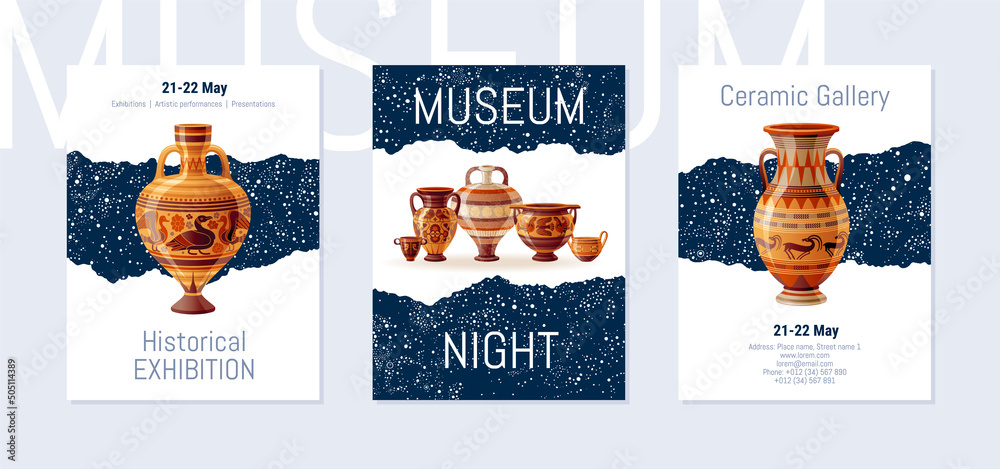 Museums Night poster on stary sky background. Modern vector illustration design with ancient greek, roman clay vase, amphora. Ancient ceramic art design set. Pottery brochure. Museum Night poster set - obrazy, fototapety, plakaty 