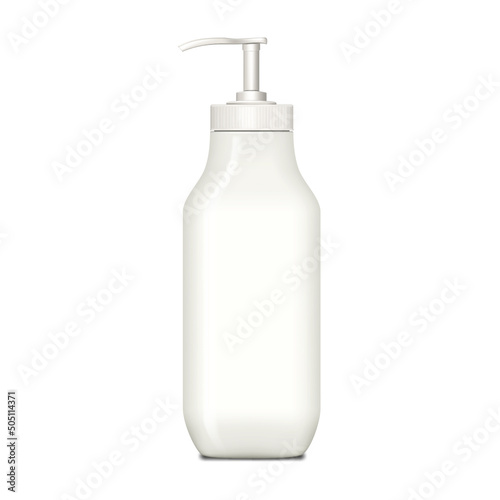 White blank plastic cosmetic bottle with pump dispenser realistic mockup. Cream, lotion, gel, milk or other beauty product container vector mock-up. Template for design