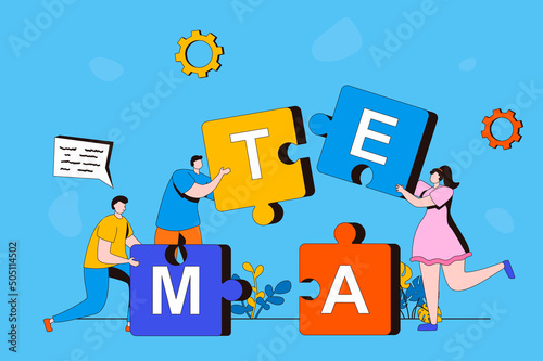 Teamwork web concept in flat 2d design. Men and woman hold puzzle pieces and put them together. Team collaborates and works together. Business development. Vector illustration with people scene