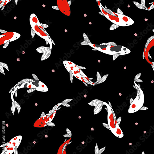 Seamless pattern with koi fish on black background. Oriental texture for print, textile, fabric, packaging.