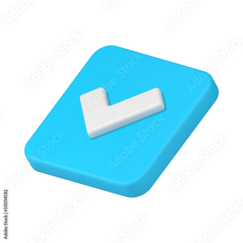 Blue glossy done check mark square isometric shape realistic 3d icon vector illustration
