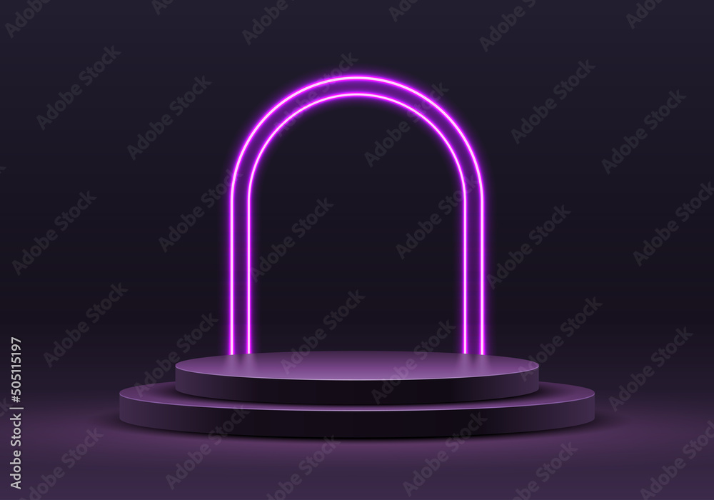 Podium with neon light arch for premium product presentation. Podium stage with neon arches. Minimal scene with podium, Vector illustration. Podium with neon light arch for premium product presentation. Podium stage with neon arches. Minimal scene with podium, Vector illustration.