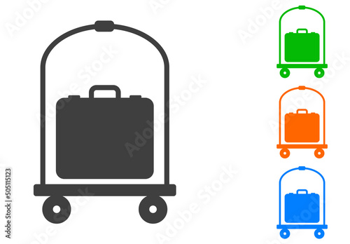 Logo luggage cart. Icono con silueta de maleta en carrito para equipaje en hotel en varios colores