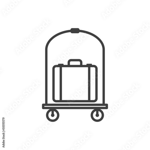 Logo luggage cart. Icono con silueta de maleta en carrito para equipaje en hotel con líneas en color gris
