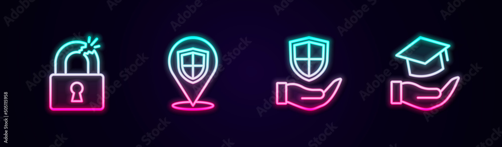 Set line Broken or cracked lock, Location shield, Shield in hand and Education grant. Glowing neon icon. Vector Set line Broken or cracked lock, Location shield, Shield in hand and Education grant. Glowing neon icon. Vector