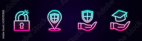 Set line Broken or cracked lock, Location shield, Shield in hand and Education grant. Glowing neon icon. Vector