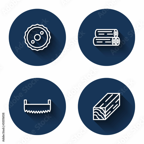 Set line Circular saw blade, Wooden log, Two-handed and beam with long shadow. Blue circle button. Vector