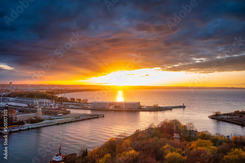 Beautiful sunset over the port canal at the mouth of the Baltic Sea, Poland