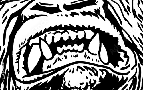 Close-up graphical grin of gorilla with sharp teeth,vector illustration