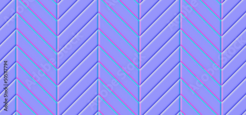 Fototapeta Naklejka Na Ścianę i Meble -  Normal map chevron herringbone parquet floor seamless pattern with diagonal panels. Bump mapping of wooden or brick wall texture. Scale material 3d shader illustration