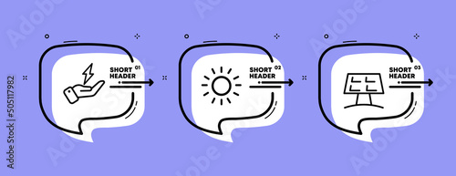 Renewable energy set icon. Hand, lightning, sun, solar battery, light, electricity, save the planet, nature, eco. Ecology concept. Infographic timeline with icons and 3 steps