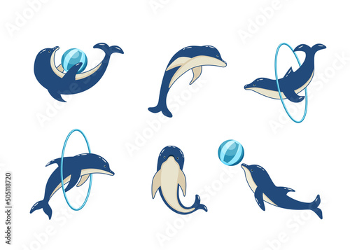 Set of cartoon dolphins in different poses, vector illustration of marine animals. Painted dolphins swim and players in dolphinarium.