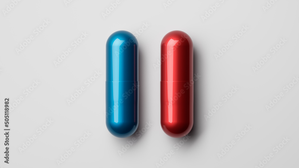 Two medicine capsules or pills isolated on white background. Red and blue pills. Choice sign or symbol. 3d render Two medicine capsules or pills isolated on white background. Red and blue pills. Choice sign or symbol. 3d render
