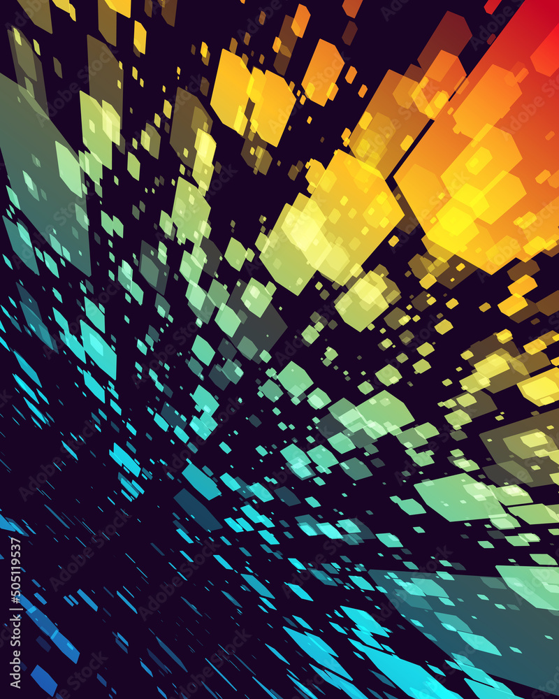 Obraz premium Abstract geometric particles shape digital flow dynamic rainbow motion wave dark poster background template vector illustration. Futuristic movement cyberspace chaos dust polygon figure stream
