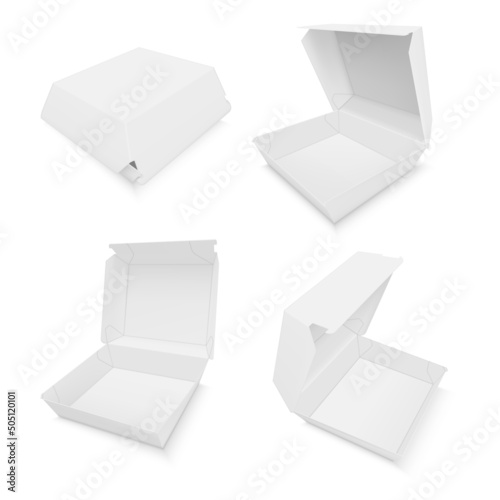 White hamburger box with open and closed cap front side view realistic template vector illustration