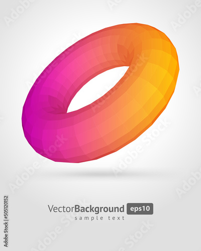 Bright neon realistic diagonal placed polygonal doughnut geometric ring circle shape poster background template with place for text vector illustration. Orange pink gradient lifebuoy round figure