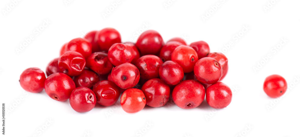 Pink peppercorns isolated on white background. Dry red pepper grain. Organic spice. Pink peppercorns isolated on white background. Dry red pepper grain. Organic spice.