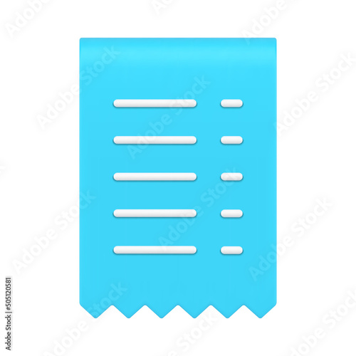 Blue ragged receipt commercial bank payment checkout deal front view realistic 3d icon vector
