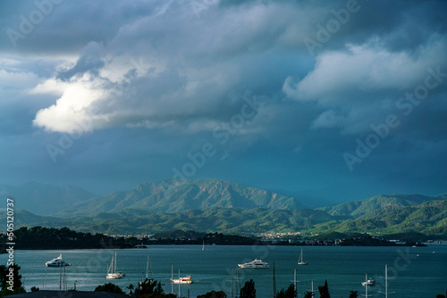 Stormy summer sky. Gray clouds in the dark sky. Heaven and infinity. Beautiful background. Strong cloud cover  bad weather. Cloudy clouds on a rainy day. A storm warning