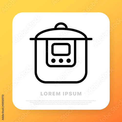 Multicooker line icon. Kitchen, cook, food, vegetables, fruits, help, cereals, dinner, lunch, breakfast, people, person, steam, water. Technology concept. Vector line icon for Business and Advertising