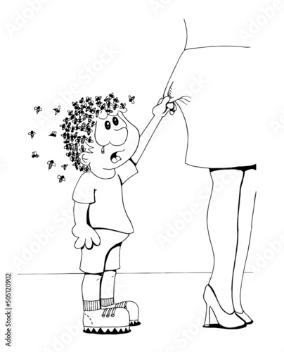 Cute boy character calling the attention of his mother while he`s attacked by a swarm of bees on his head. Black and white sketch cartoon style vector illustration.