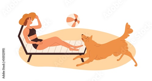 Woman lying on chaise lounge, sunbathing in bikini and hat on sand beach. Girl with dog relaxing on sunbed, deckchair on summer vacation. Flat vector illustration isolated on white background