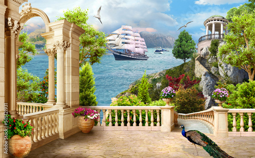 A terrace with a peacock and a view of the gazebo and the seascape. The sailboat enters the bay. Digital mural. Wallpaper on the wall.