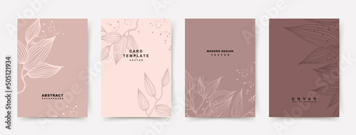 Elegant hand drawn botanical backgrounds with minimalist leaves. Set of templates with plant element in line art style. Vector illustration