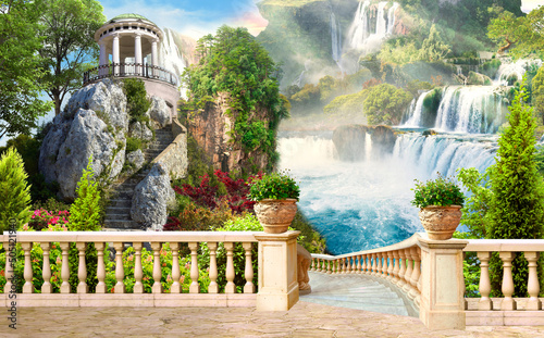 View of the fabulous waterfall from the terrace and gazebo. A waterfall high in the mountains. The fresco. Digital photo wallpapers. Wallpaper on the wall. photo