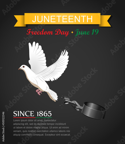 Juneteenth Independence Day Background. Black History Month. Freedom or Emancipation day. Annual American holiday June 19 poster. Horizontal banner vector illustration. Bird free from shackles concept