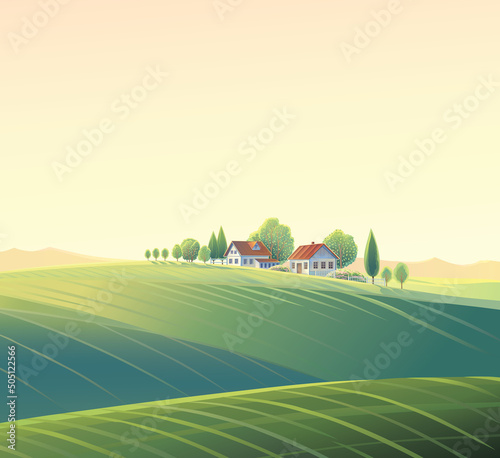 Rural summer landscape with village, and hills. Vector illustration.