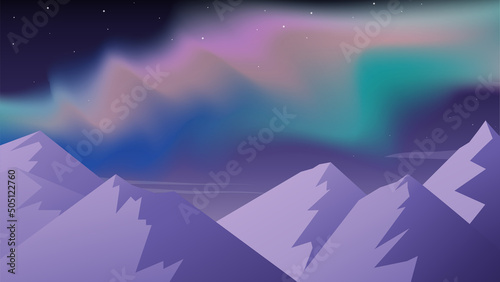 Abstract mountain landscape vector background. Northern light wallpaper hills, snow mountain, aurora, stars with vibrant gradient color. Landscape graphic design for prints, banner, covers, poster.