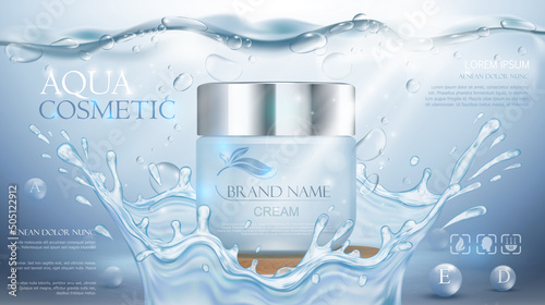 Aqua cream moisturizing cosmetic. Advertising realistic underwater blue template. Skincare promotion. Hydrating facial lotion. Vector illustration