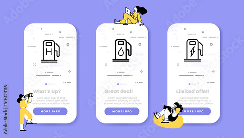 Filling station set icon. Gasoline, fuel, electricity, eco, electric car, lightning, gas station, drop, liquid, water, movement, drive, driver, energy. Technology concept. UI phone app screens