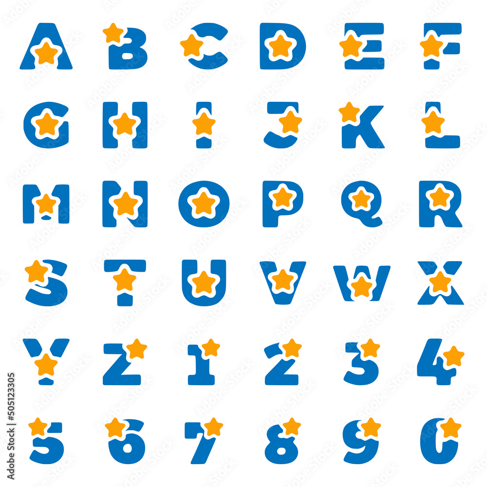 Vector set of letters and numbers with star symbol isolated on white background. Vector set of letters and numbers with star symbol isolated on white background.