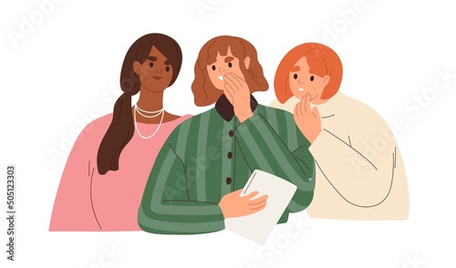 Women friends gossipping, telling rumors, backbiting. Female colleagues talking behind backs, slandering, mocking. Bad evil girlfriends tattling. Flat vector illustration isolated on white background