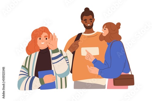 Curious woman listening with hand at ear, overhearing diolog of people. Person eavesdropping secret conversation, dialog of couple. Flat graphic vector illustration isolated on white background
