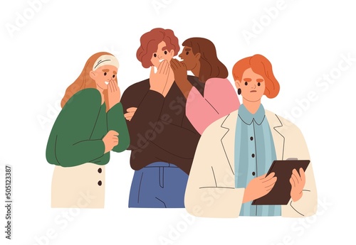Woman hear colleagues gossipping, mocking, commenting on her, talking behind back. Evil people telling rumors, backbiting, tattling, slandering. Flat vector illustration isolated on white background