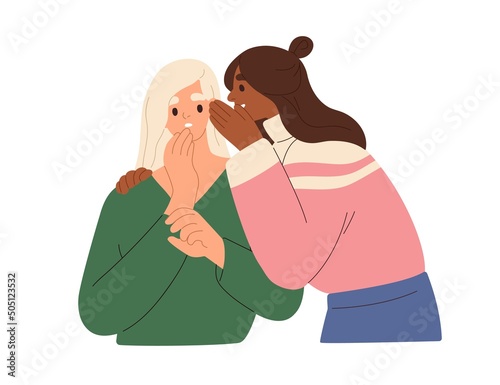 Woman gossipping, telling, whispering secrets. Girlfriends talking behind back. Surprised shocked person listening to rumors from girl friends. Flat vector illustration isolated on white background