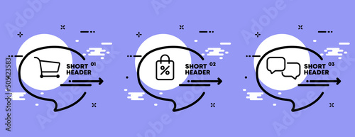 Shopping set icon. Trolley, package, discount, percentage, purchase, client, shop, consulting, communication, consultant, assistant. Sale concept. Infographic timeline with icons and 3 steps