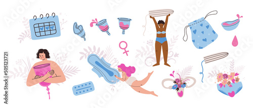 Big set of items for personal intimate hygiene of women. Huge sanitary tampon, pad and silicone reusable menstrual cup. Concept of women's health and hygiene. Vector isolated illustration.