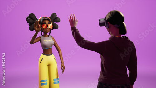 Girl greeting virtual avatar in the Metaverse while wearing a virtual reality headset. 3D Rendering