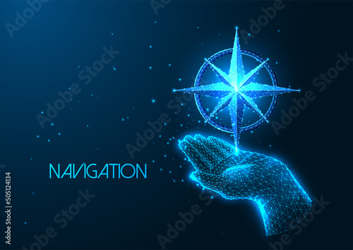 Futuristic navigation, life path choice concept with glowing low poly human hand holding compass 